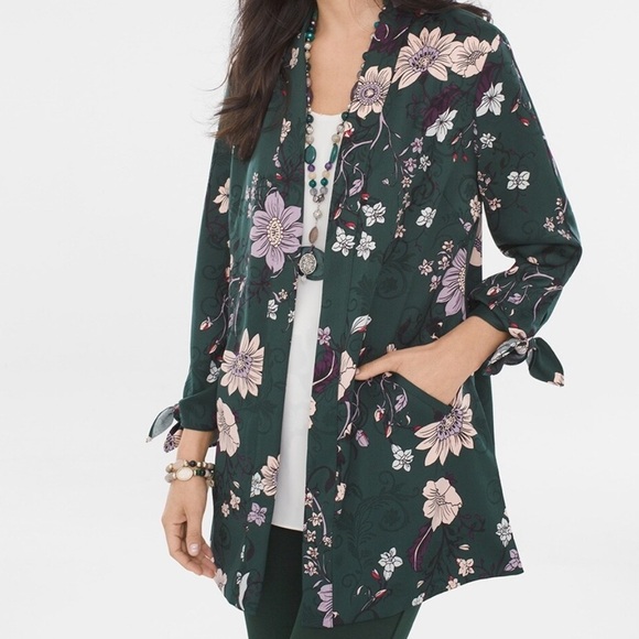 Chicos Green Floral Tie Sleeve Open Blazer Jacket - Picture 1 of 11